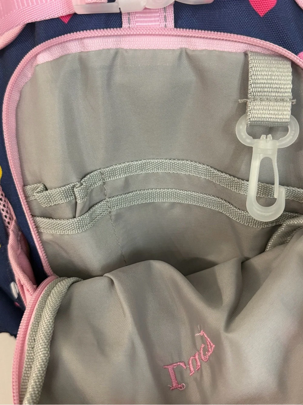 Pottery Barn Kids Navy & Pink Heart Backpack with Lucy Embroidered GUC